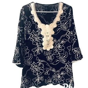 LAUREN MICHELLE Blue Tunic White Embroidered/ Soutache Appliqué, Cotton,…